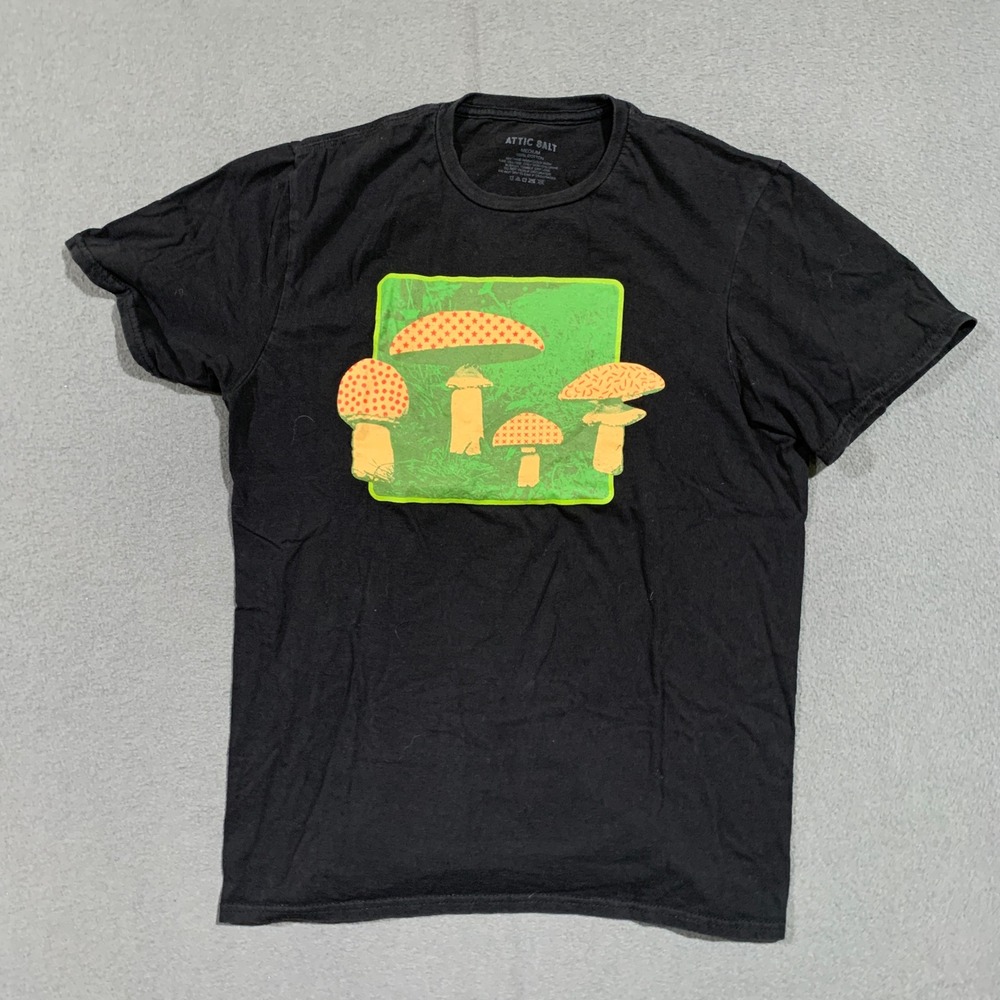 Black T-Shirt Mushroom Graphic Print Tee Mens Medium Cotton Hippie‎ Psychedelic